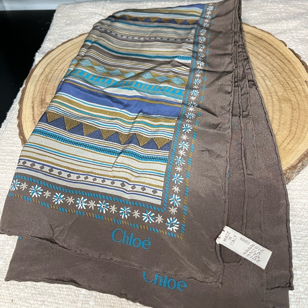 Chloe 100% Silk Blue and Brown Patterned Scarf